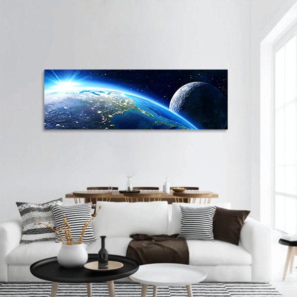 Blue Planet Earth & Moon Panoramic Canvas Wall Art-1 Piece-36" x 12"-Tiaracle