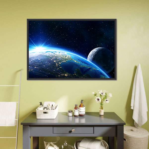 Blue Planet Earth & Moon Panoramic Canvas Wall Art-1 Piece-36" x 12"-Tiaracle