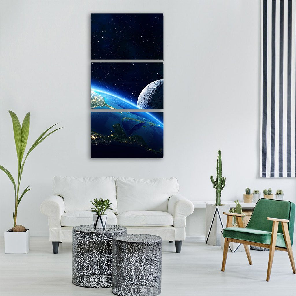 Blue Planet Earth & Moon Vertical Canvas Wall Art-3 Vertical-Gallery Wrap-12" x 25"-Tiaracle
