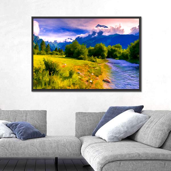 Blue River Watercolor Panoramic Canvas Wall Art-1 Piece-36" x 12"-Tiaracle