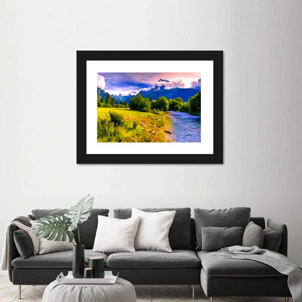 Blue River Watercolor Panoramic Canvas Wall Art-1 Piece-36" x 12"-Tiaracle