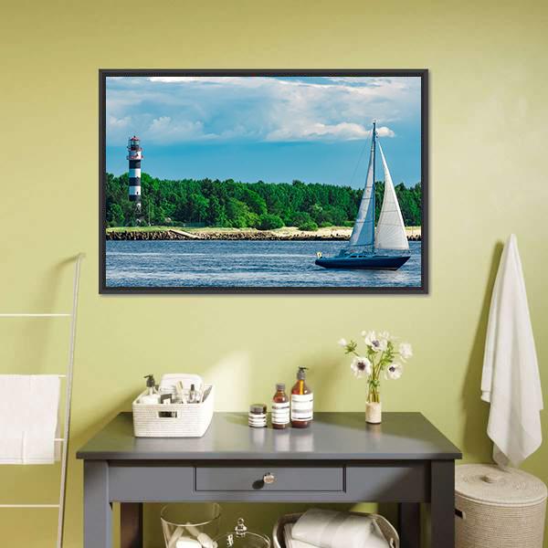 Blue Sailboat In Sea Canvas Wall Art-3 Horizontal-Gallery Wrap-25" x 16"-Tiaracle