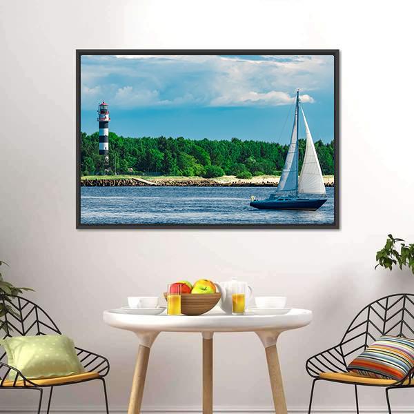 Blue Sailboat In Sea Canvas Wall Art-3 Horizontal-Gallery Wrap-25" x 16"-Tiaracle