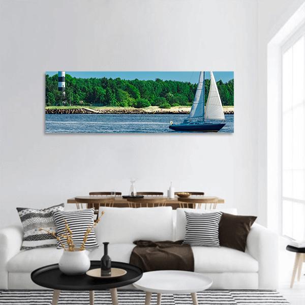 Blue Sailboat In Sea Panoramic Canvas Wall Art-1 Piece-36" x 12"-Tiaracle