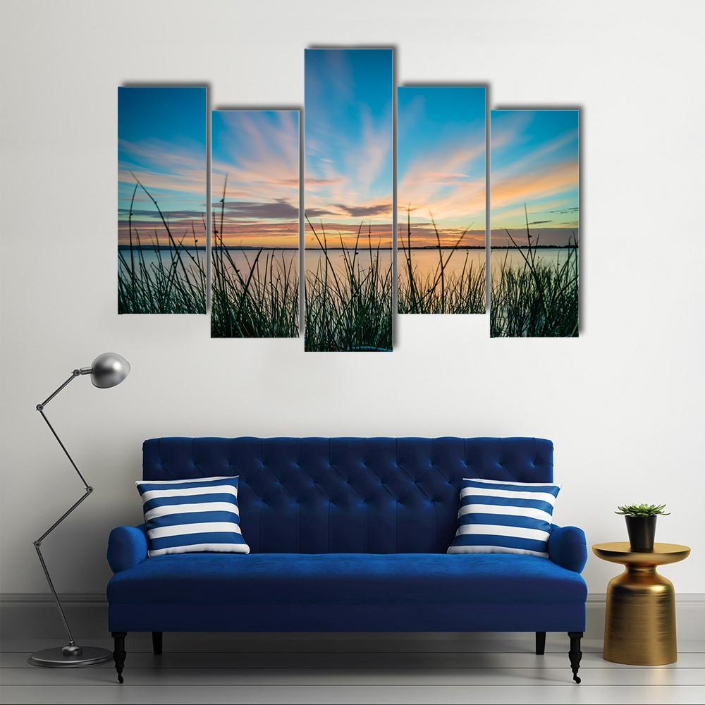 Blue Sky & Sunset Over Lake Canvas Wall Art-5 Pop-Gallery Wrap-47" x 32"-Tiaracle