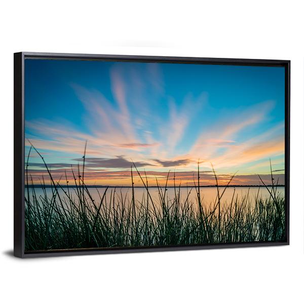 Blue Sky & Sunset Over Lake Canvas Wall Art-3 Horizontal-Gallery Wrap-25" x 16"-Tiaracle