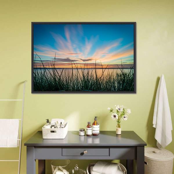 Blue Sky & Sunset Over Lake Canvas Wall Art-3 Horizontal-Gallery Wrap-25" x 16"-Tiaracle