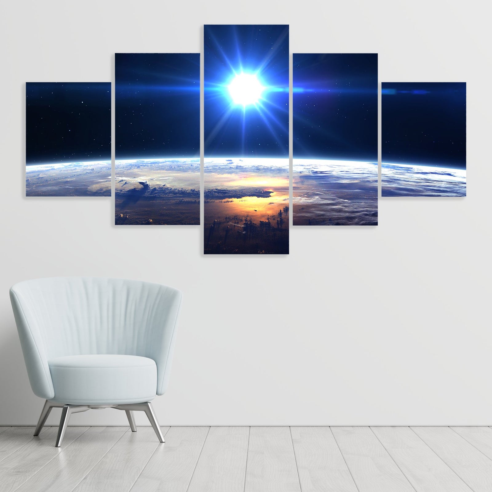 Blue Sun Light Over Planet Earth Canvas Wall Art-5 Star-Gallery Wrap-62" x 32"-Tiaracle