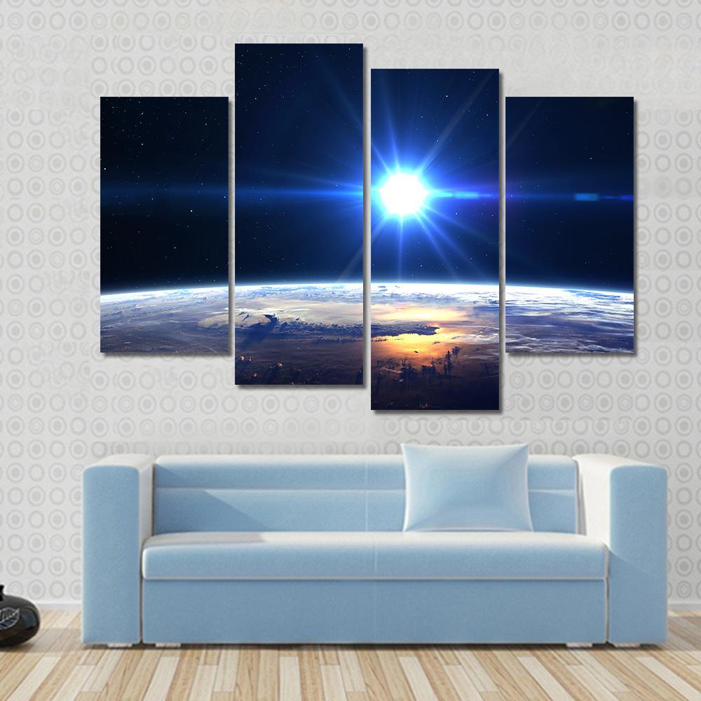 Blue Sun Light Over Planet Earth Canvas Wall Art-4 Pop-Gallery Wrap-50" x 32"-Tiaracle