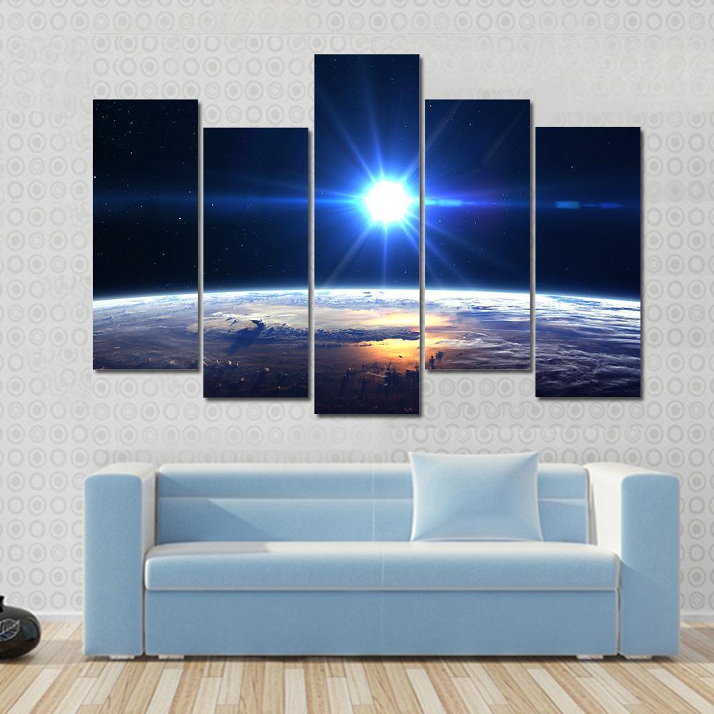 Blue Sun Light Over Planet Earth Canvas Wall Art-5 Pop-Gallery Wrap-47" x 32"-Tiaracle