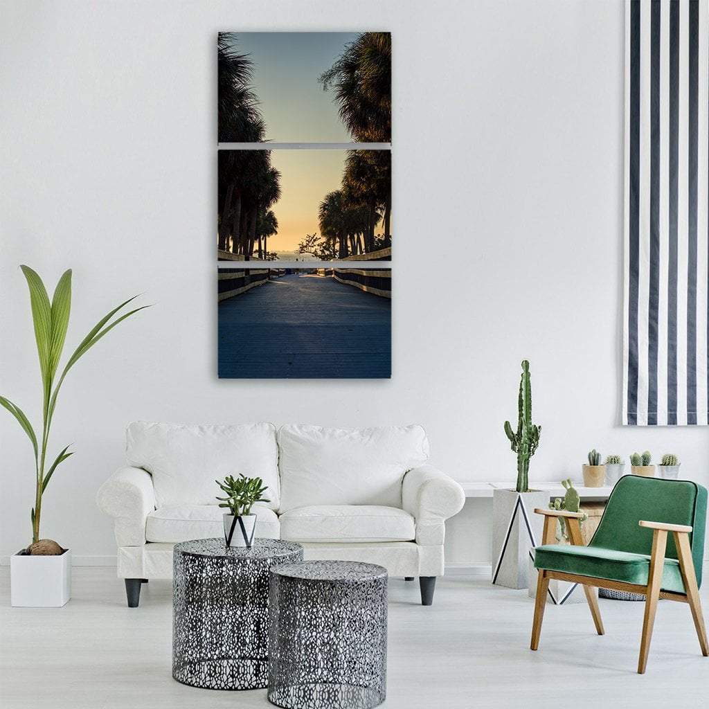 Boardwalk With Palm Trees Vertical Canvas Wall Art-3 Vertical-Gallery Wrap-12" x 25"-Tiaracle