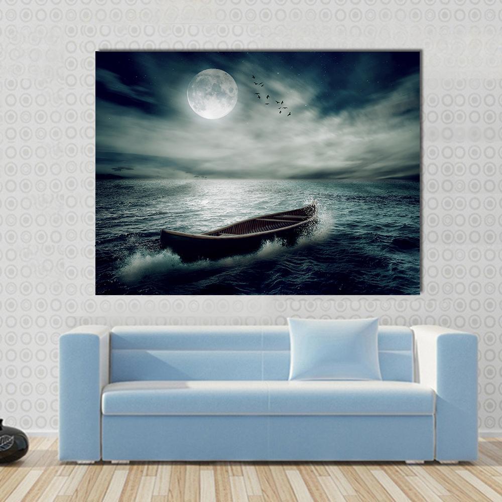 Boat Drifting In Stormy Ocean Canvas Wall Art-1 Piece-Gallery Wrap-36" x 24"-Tiaracle