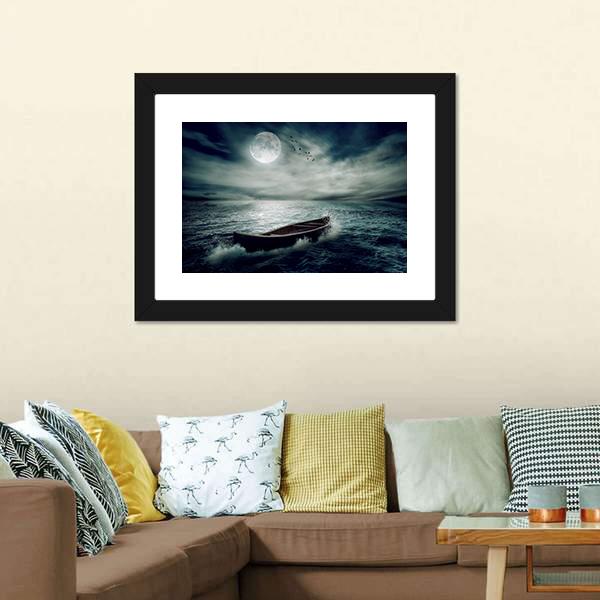 Boat Drifting In Stormy Ocean Panoramic Canvas Wall Art-1 Piece-36" x 12"-Tiaracle
