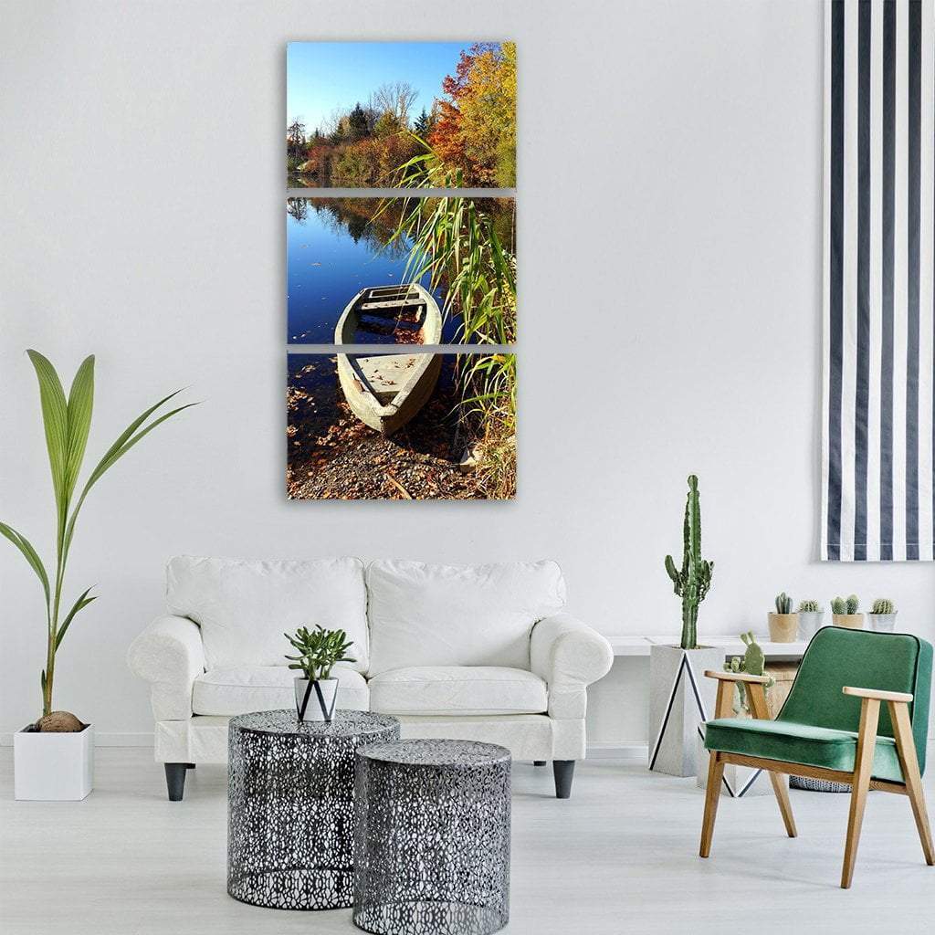 Boat In Autumn Lake Vertical Canvas Wall Art-3 Vertical-Gallery Wrap-12" x 25"-Tiaracle