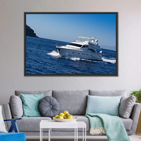 Boat In Deep Blue Water Canvas Wall Art-1 Piece-Floating Frame-24" x 16"-Tiaracle