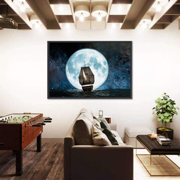 Boat In Full Moon Night Canvas Wall Art-5 Horizontal-Gallery Wrap-22" x 12"-Tiaracle
