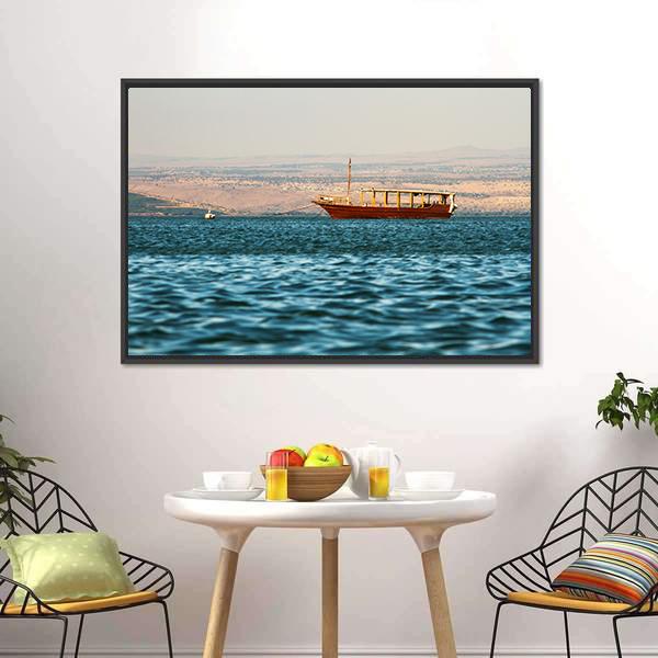 Boat In Galilee Sea Canvas Wall Art-3 Horizontal-Gallery Wrap-25" x 16"-Tiaracle