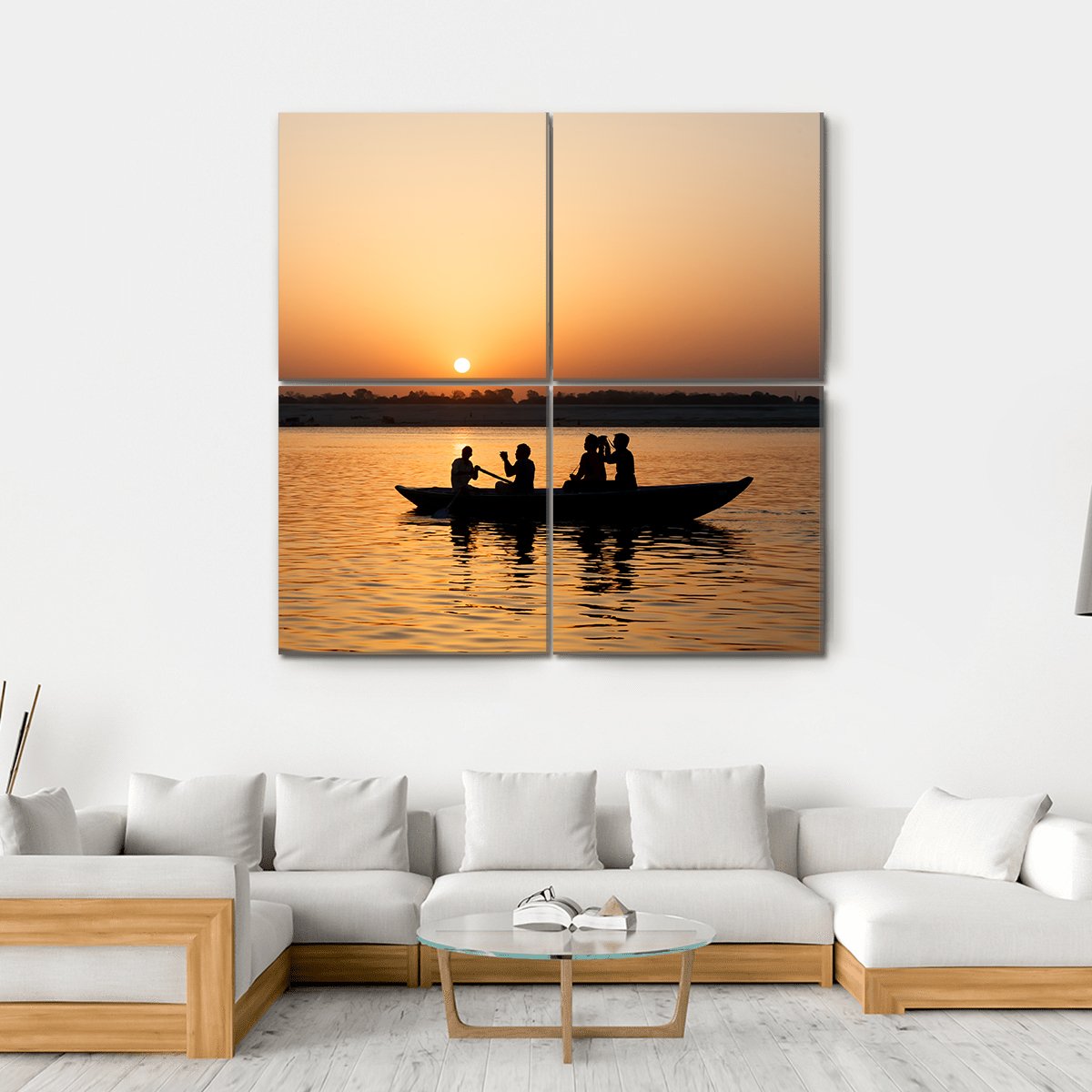 Boat In Ganges River Canvas Wall Art-4 Square-Gallery Wrap-17" x 17"-Tiaracle