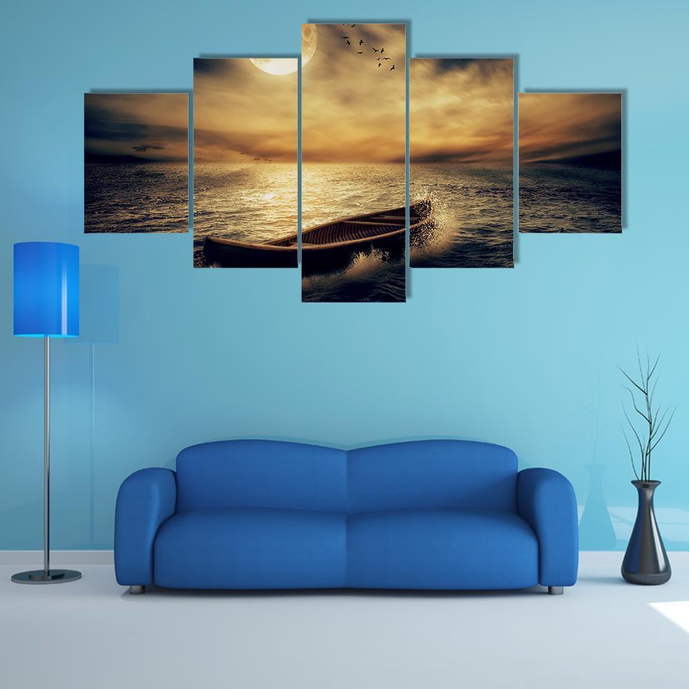 Boat In Middle Of Ocean Canvas Wall Art-5 Star-Gallery Wrap-62" x 32"-Tiaracle