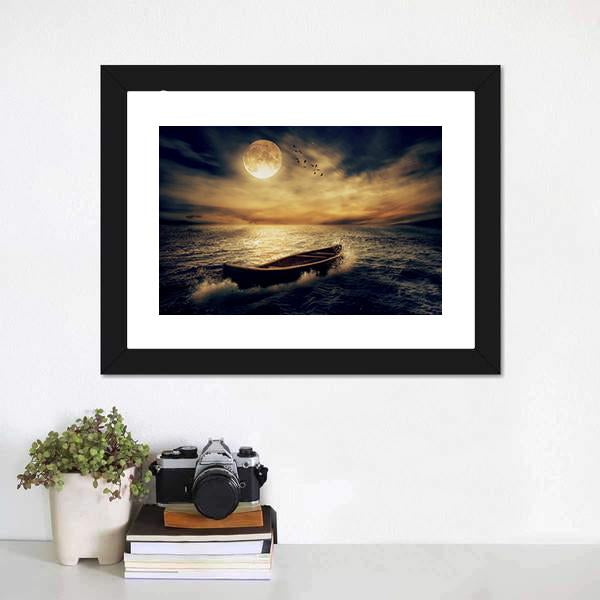 Boat In Middle Of Ocean Canvas Wall Art-1 Piece-Framed Print-20" x 16"-Tiaracle