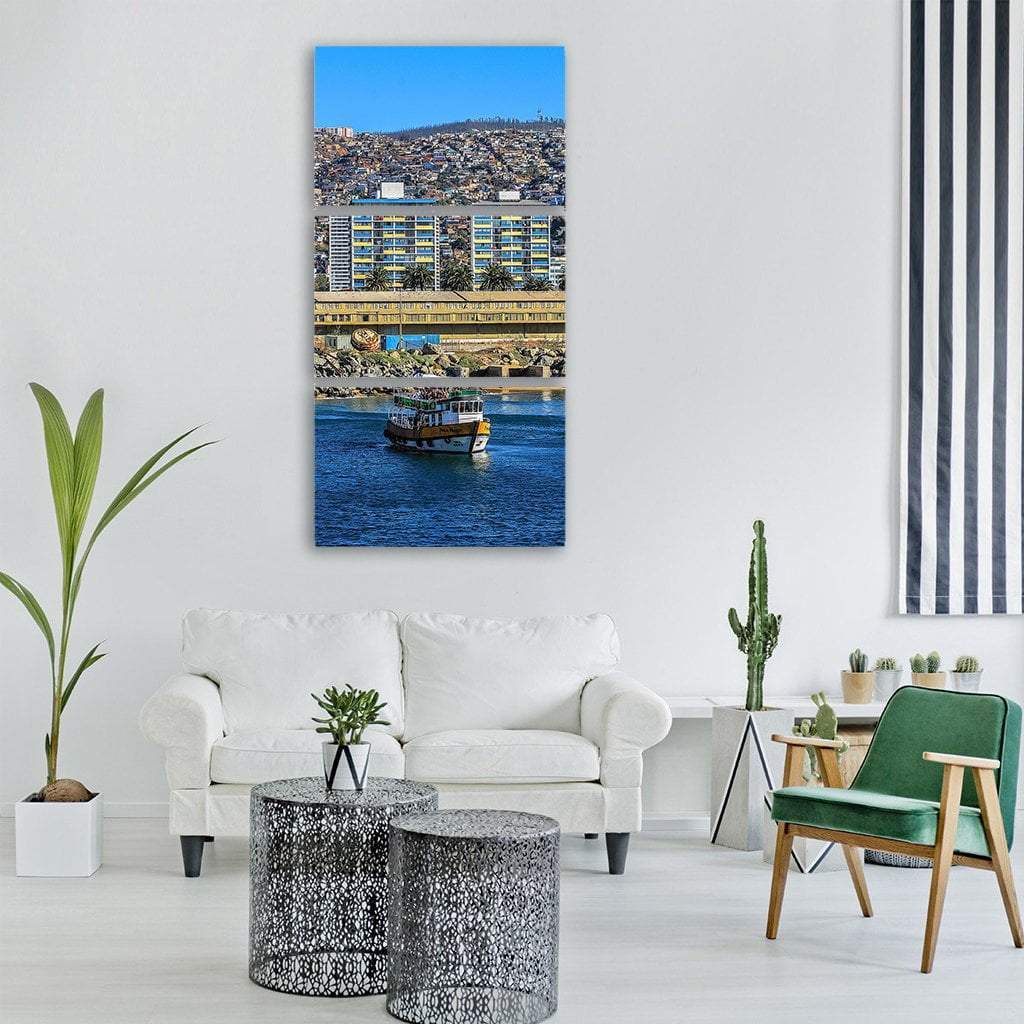 Boat In Sea With Sky Hills Vertical Canvas Wall Art-3 Vertical-Gallery Wrap-12" x 25"-Tiaracle