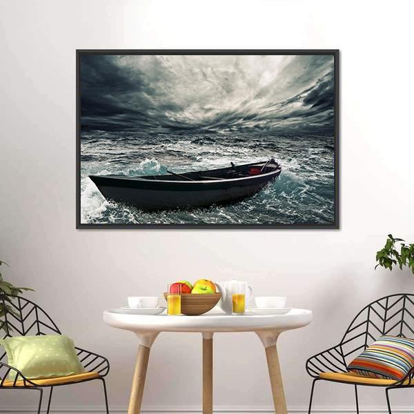 Boat In Stormy Sea Canvas Wall Art-5 Horizontal-Gallery Wrap-22" x 12"-Tiaracle