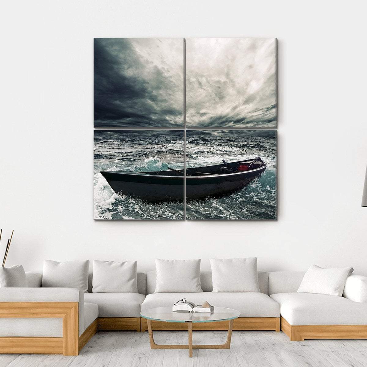 Boat In Stormy Sea Canvas Wall Art-4 Square-Gallery Wrap-17" x 17"-Tiaracle