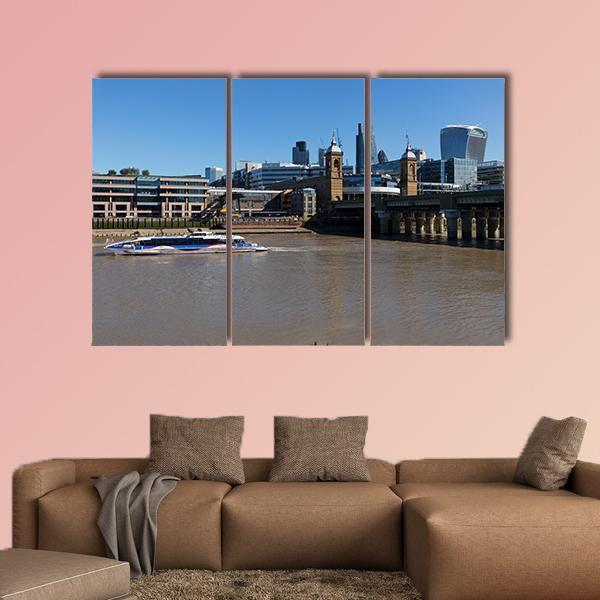 Boat In Thames River Canvas Wall Art-3 Horizontal-Gallery Wrap-37" x 24"-Tiaracle