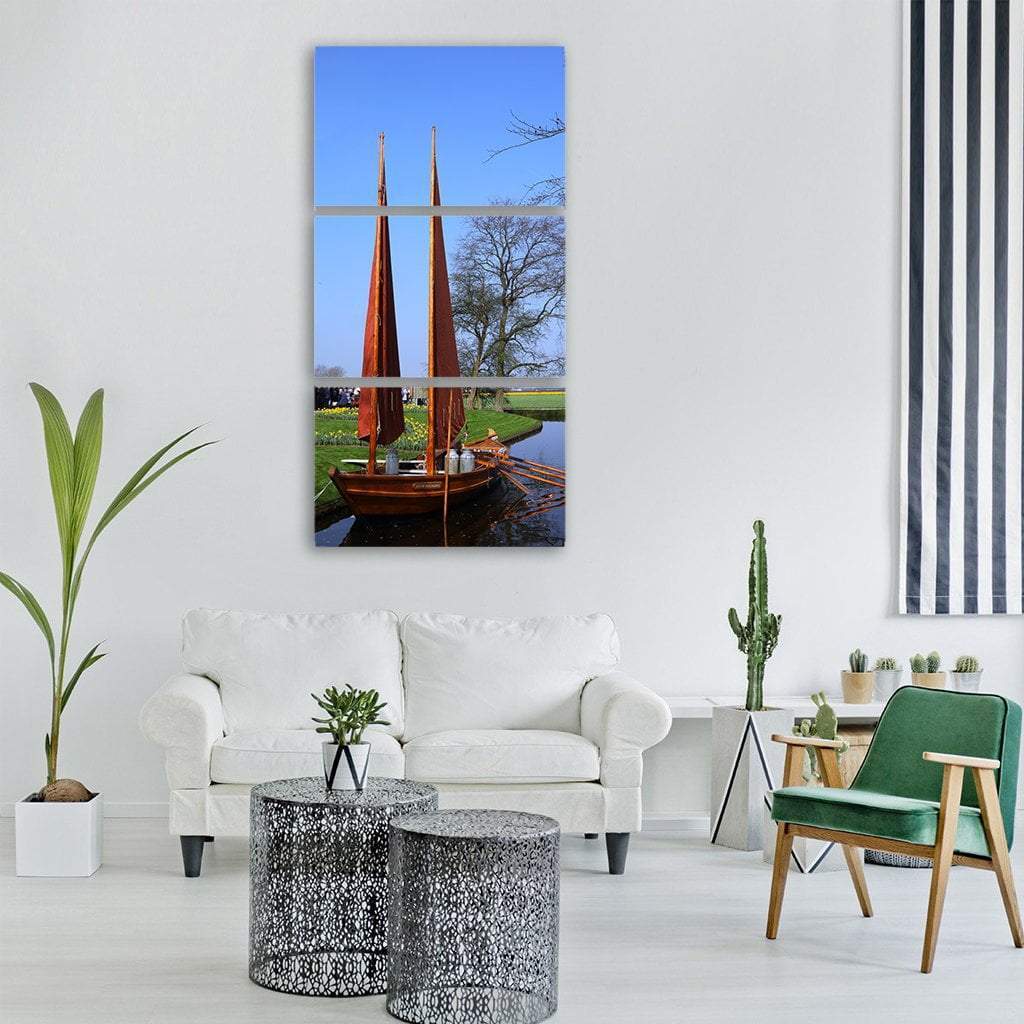 Boat Near Lake In Keukenhof Garden Holland Vertical Canvas Wall Art-3 Vertical-Gallery Wrap-12" x 25"-Tiaracle