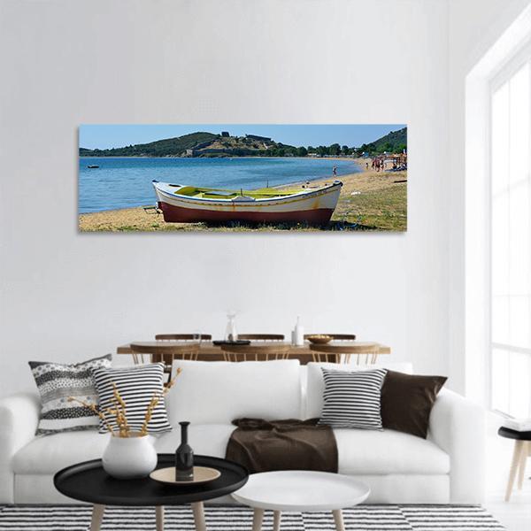 Boat On Beach Greece Panoramic Canvas Wall Art-1 Piece-36" x 12"-Tiaracle