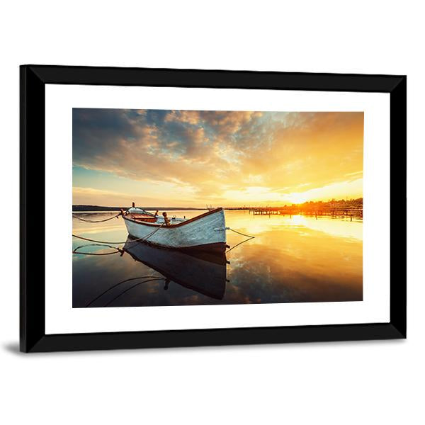 Boat On Lake At Sunset Canvas Wall Art-5 Horizontal-Gallery Wrap-22" x 12"-Tiaracle