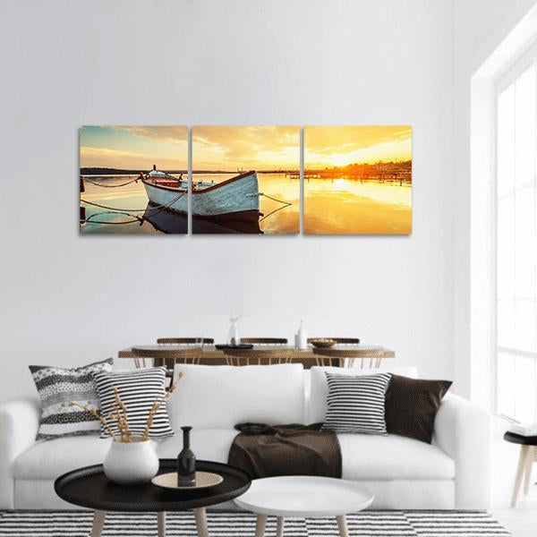 Boat On Lake At Sunset Panoramic Canvas Wall Art-3 Piece-25" x 08"-Tiaracle