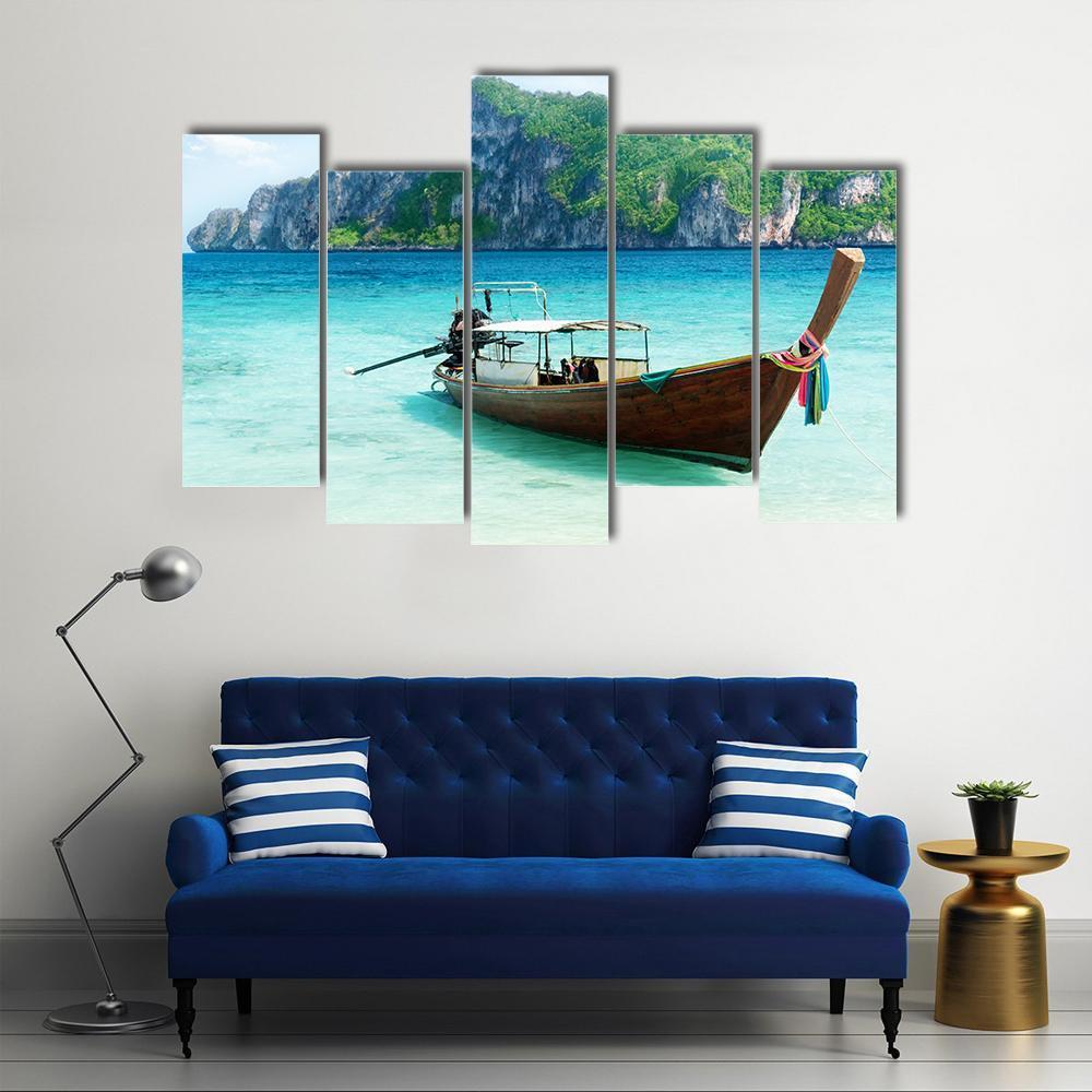 Boat On Phi Phi Island Canvas Wall Art-5 Pop-Gallery Wrap-47" x 32"-Tiaracle