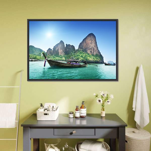 Boat On Railay Beach Canvas Wall Art-5 Horizontal-Gallery Wrap-22" x 12"-Tiaracle