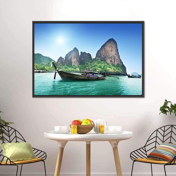 Boat On Railay Beach Canvas Wall Art-5 Horizontal-Gallery Wrap-22" x 12"-Tiaracle