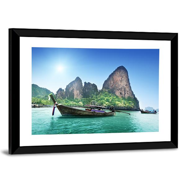 Boat On Railay Beach Canvas Wall Art-3 Horizontal-Gallery Wrap-25" x 16"-Tiaracle