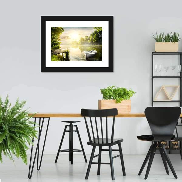 Boat On River Bank Canvas Wall Art-3 Horizontal-Gallery Wrap-25" x 16"-Tiaracle