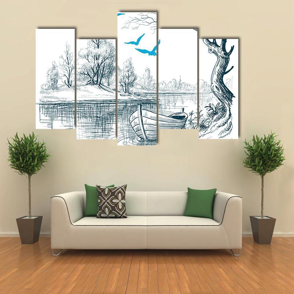 Boat On River Delta Canvas Wall Art-5 Pop-Gallery Wrap-47" x 32"-Tiaracle