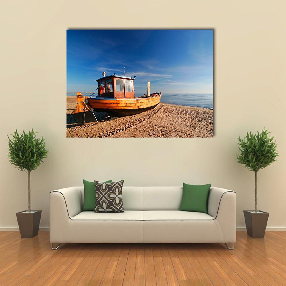 Boat On Sand Beach Canvas Wall Art-1 Piece-Gallery Wrap-48" x 32"-Tiaracle