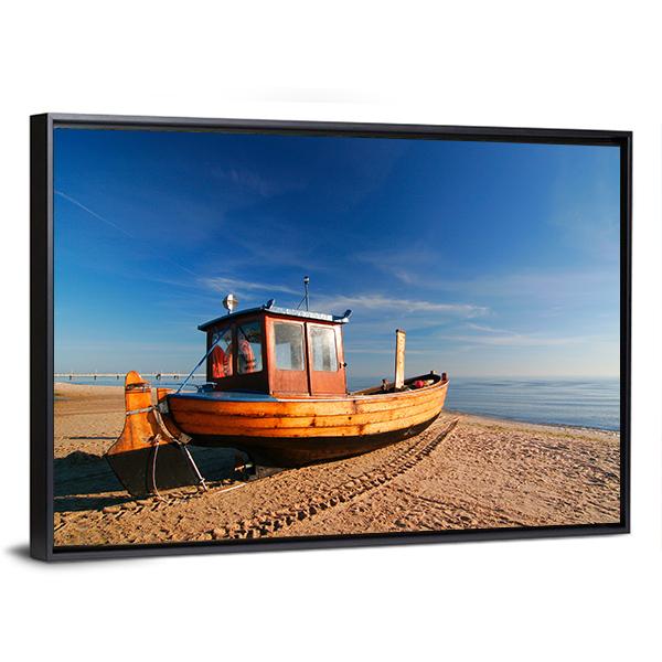 Boat On Sand Beach Canvas Wall Art-3 Horizontal-Gallery Wrap-25" x 16"-Tiaracle