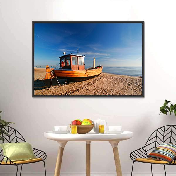 Boat On Sand Beach Canvas Wall Art-3 Horizontal-Gallery Wrap-25" x 16"-Tiaracle