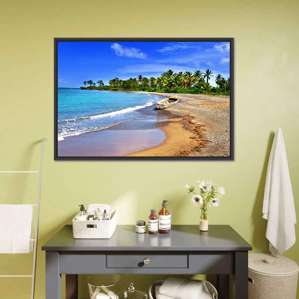 Boat On Sandy Coast Canvas Wall Art-1 Piece-Floating Frame-36" x 24"-Tiaracle