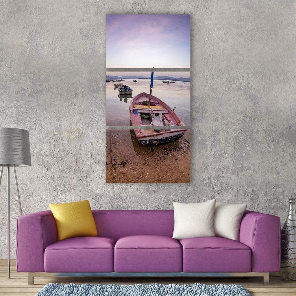 Boat On Sea Beach Coast Vertical Canvas Wall Art-3 Vertical-Gallery Wrap-12" x 25"-Tiaracle