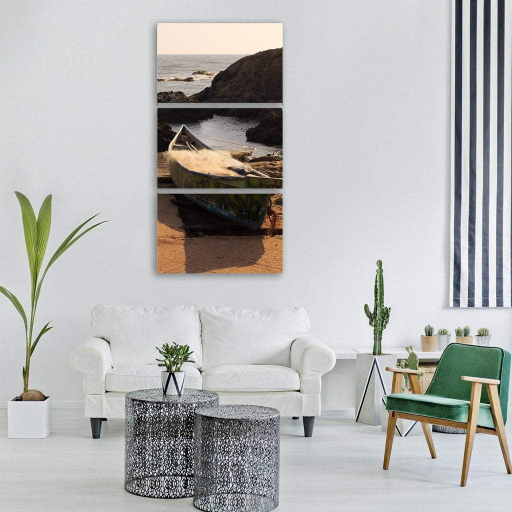 Boat On Water Beach Vertical Canvas Wall Art-3 Vertical-Gallery Wrap-12" x 25"-Tiaracle