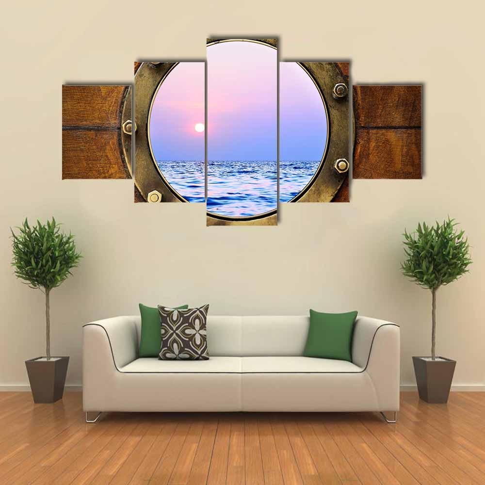 Boat Porthole With Ocean Canvas Wall Art-5 Star-Gallery Wrap-42" x 21"-Tiaracle
