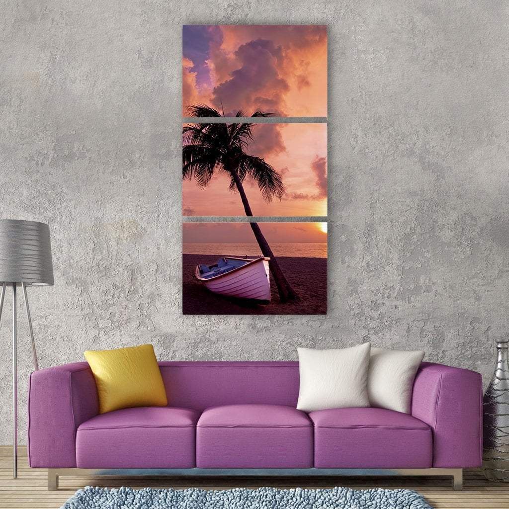 Boat With Palm Tree Vertical Canvas Wall Art-3 Vertical-Gallery Wrap-12" x 25"-Tiaracle