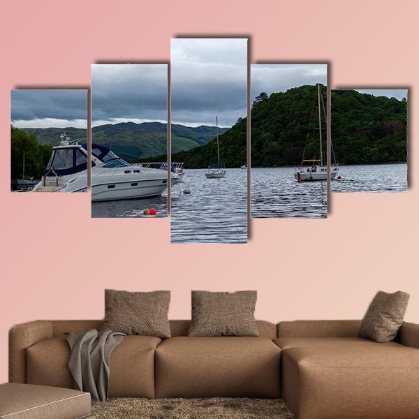Boats Anchored In Lake Canvas Wall Art-5 Star-Gallery Wrap-62" x 32"-Tiaracle