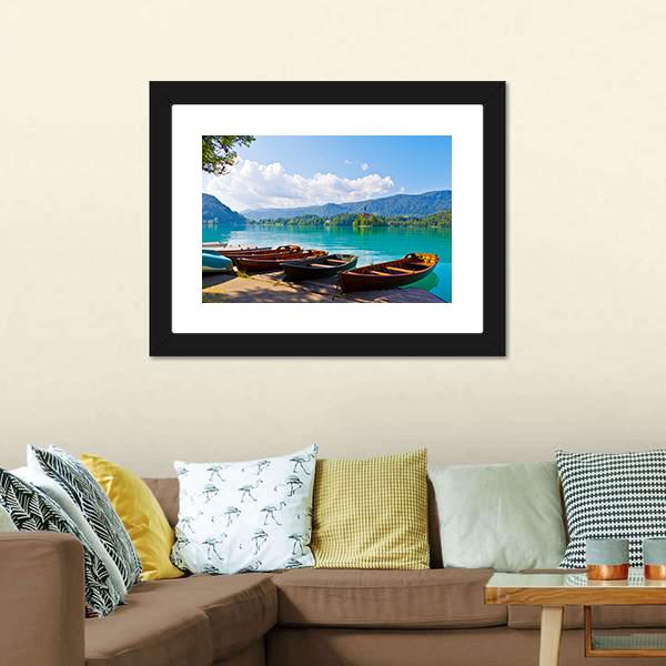 Boats At Bled Lake Canvas Wall Art-3 Horizontal-Gallery Wrap-25" x 16"-Tiaracle