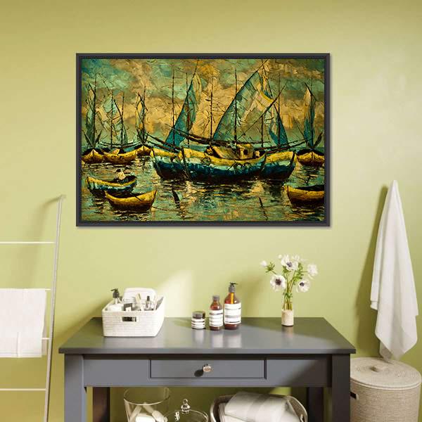 Boats In A Lake Canvas Wall Art-5 Horizontal-Gallery Wrap-22" x 12"-Tiaracle