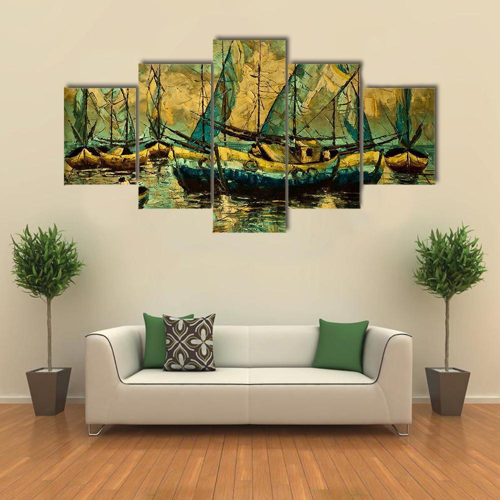 Boats In A Lake Canvas Wall Art-5 Star-Gallery Wrap-62" x 32"-Tiaracle